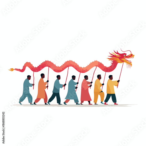 Diverse group of people in colorful traditional attire performing a vibrant Chinese dragon dance under a clear white sky, depicting cultural celebration.