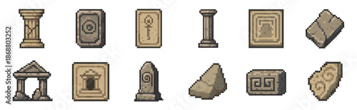 Collection of ancient ruins pixel art assets featuring stone columns, carved tablets, broken archways, and weathered blocks for a retro video game or digital illustration