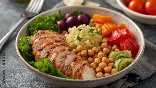 Healthy Meal Bowl With Chicken and Fresh Vegetables Served on Wooden Table