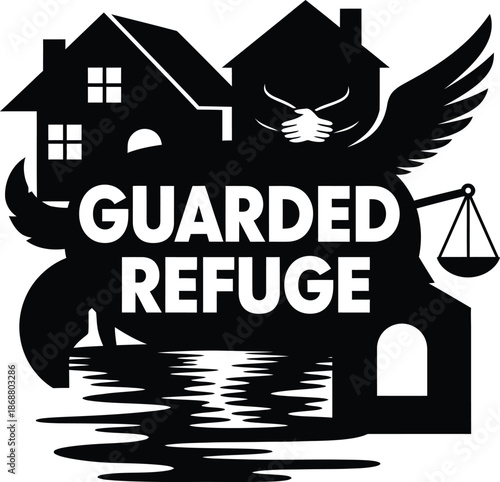 Guarded Refuge House Wings Shield Vector Black Hand Drawn Typography Logo Emblem Badge Icon Silhouette Vintage Retro Graphic Home Safety Protection Security