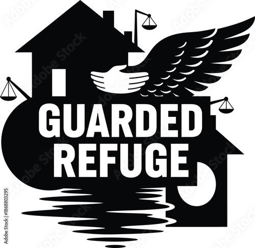 Guarded Refuge House Wings Heart Vector Black Hand Drawn Typography Logo Emblem Badge Icon Silhouette Vintage Retro Graphic Home Safety Love Protection