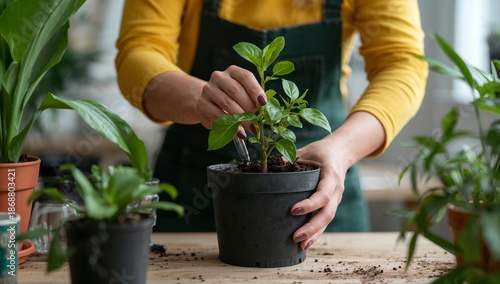 Person Planting Small Green Plant in Black Pot in Indoor Garden Space During ...