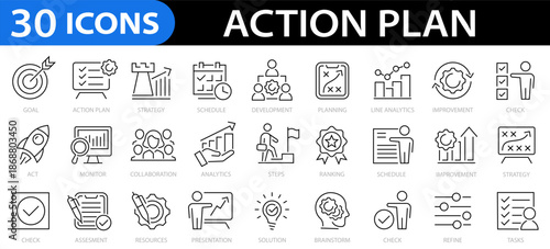 Action plan icons. Goal, team, timeline, schedule, strategy, collaboration, development and more. Editable stroke. Vector illustration