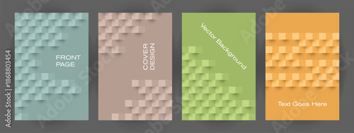 Minimalist cover design set with 3D geometric cube patterns in pastel colors. Abstract vertical posters for business reports and presentations. Professional modern vector templates. Square 3D texture