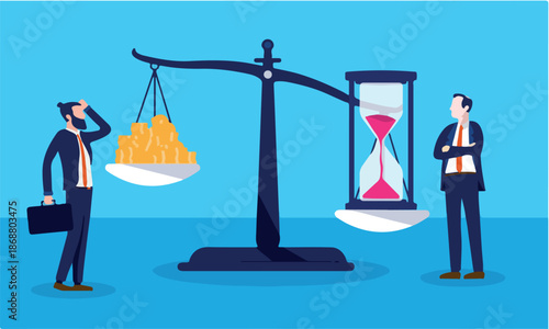 Time is money illustration - Businessmen measuring the value of time versus money. Time is more valuable than money concept. Vector format