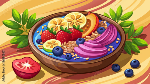 Very beautiful acai smoothie bowl filled with fresh strawberries, blueberries, banana slices, and crunchy granola, served in a wooden bowl as a vibrant and healthy superfood breakfast concept.