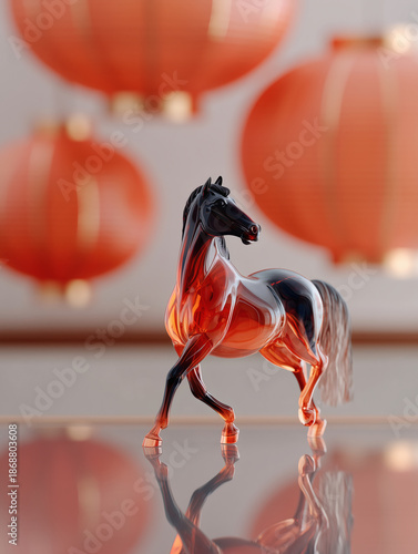 Chinese new year 2026 glass fire  horse sculpture with lanterns