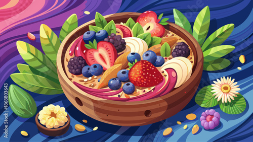 Very beautiful acai smoothie bowl filled with fresh strawberries, blueberries, banana slices, and crunchy granola, served in a wooden bowl as a vibrant and healthy superfood breakfast concept.
