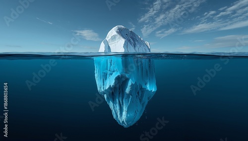 Iceberg Floating in Ocean Under Cloudy Sky With Visible Underwater Section an...