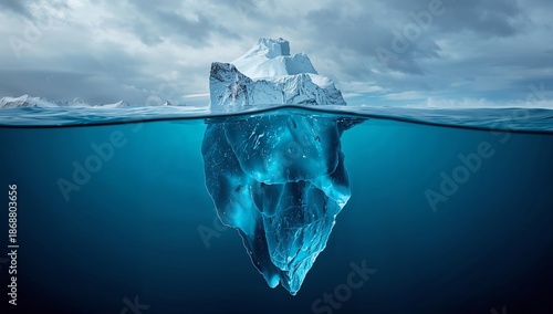Iceberg Floating in Ocean Under Cloudy Sky With Visible Underwater Section an...