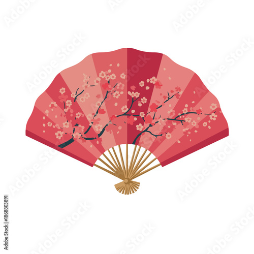 Ornate Japanese cherry blossom folding fan, elegant geisha accessory, traditional spring festival artwork, vibrant pink floral motif, cultural symbol.
