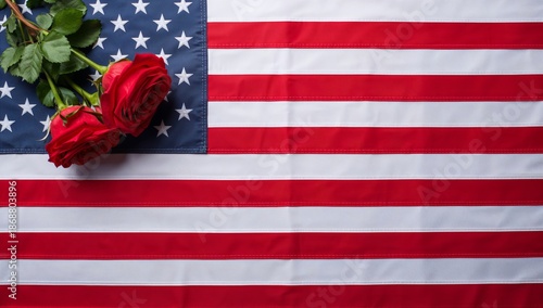 Roses Placed on American Flag to Honor Patriotism and Remembrance