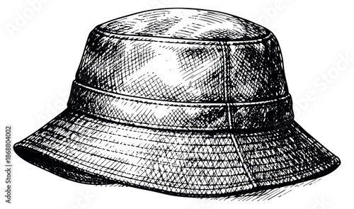Hand drawn illustration of a bucket hat depicting a classic casual accessory for fashion design