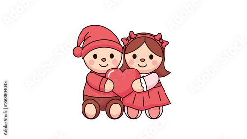Cartoon Boy and Girl Holding Heart Together 1.