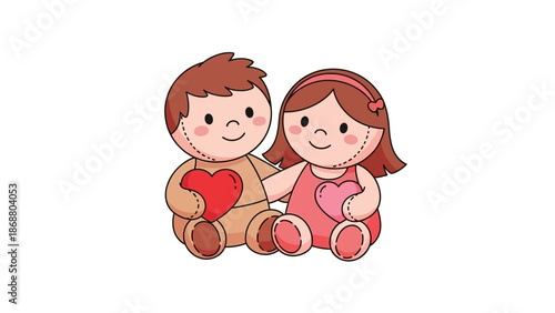 Cartoon Boy and Girl Hugging Teddy.