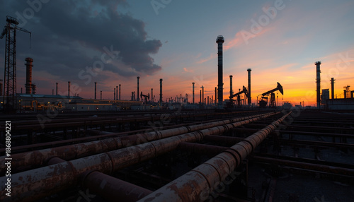 Oil industry operations at sunset with pumpjacks and pipelines