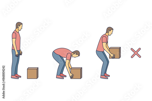Lifting technique safe movement. Safety. Correct and incorrect instruction for moving heavy packages for workers. Ergonomic movement for loading objects vector flat illustration