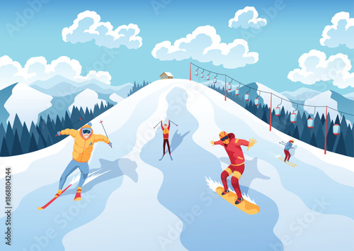 Mountain ski resort landscape. Winter web banner design. Sport on vacations or winter activity. Sports descent on skis in mountains hills. Vector cartoon illustration