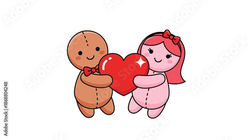 Gingerbread Man and Gingerbread Woman Hugging Heart.