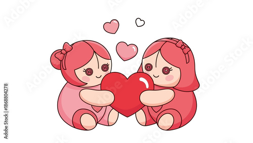 Two Cartoon Girls Holding Red Heart Together.