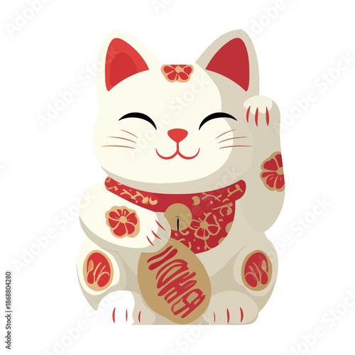 Whimsical white Maneki Neko cat figurine with auspicious red floral accents, waving lucky paw for fortune and prosperity, clean vector graphic style.