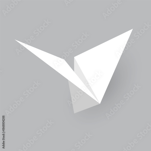 Paper plane model. Origami handmade aircraft view. Vector white paper airplane with shadow, isolated on gray background