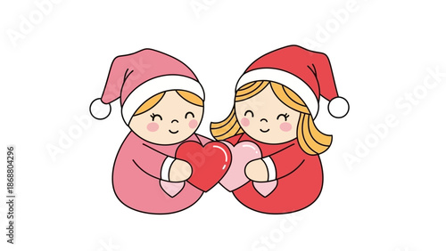 Two Cartoon Girls Wearing Santa Hats.