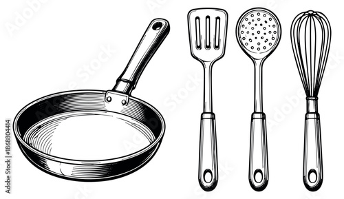 Hand drawn kitchen utensil set featuring a frying pan, spatula, slotted spoon, and whisk for cooking