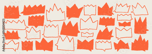 Colorful crayon crown scribble speech bubbles set. Hand drawn orange chalk text boxes. Bold blank elements with pencil charcoal texture. Comic doodle emphasis silhouettes. Funky child dialog balloons.