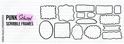 Black school scribble frame collection. Rough crayon drawn borders, text boxes, and shapes with ballpoint pen textures. Chalk doodle line pencil rectangles and wavy ovals for emphasis text.