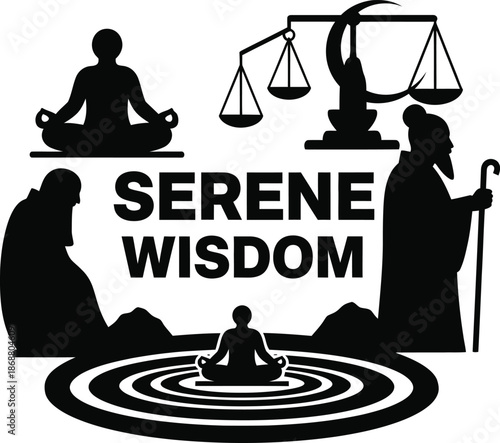 Serene Wisdom Meditating Figure Sun Scales Vector Black Hand Drawn Typography Logo Emblem Badge Icon Silhouette Vintage Retro Graphic Yoga Zen Wellness Peace Balance