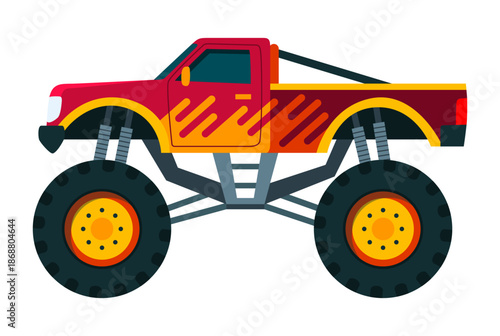 Monster truck. Bright colorful cartoon auto with big wheels. Heavy car with large tires and black tinted windows. Isolated rally 4x4 computer or mobile game