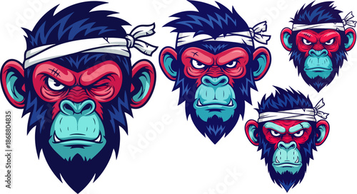 Angry monkey head band illustration set