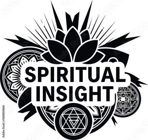 Spiritual Insight Lotus Eye Rays Vector Black Hand Drawn Typography Logo Emblem Badge Icon Silhouette Vintage Retro Graphic Zen Meditation Wellness Peace