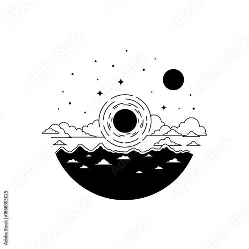 Black and White Cosmic Landscape Illustration.