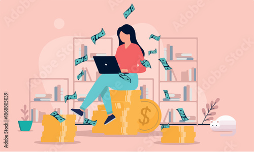 Woman making money - Person with laptop computer sitting on stack of coins earning high income while paper bills falling from above. Flat design vector illustration