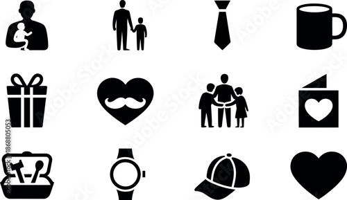 A collection of fatherhood and celebration related icons including family figures gifts clothing accessories and symbols of love and appreciation for fathers