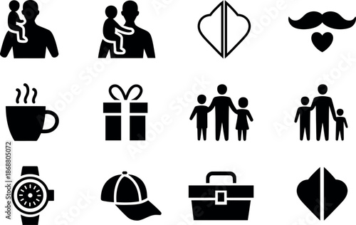 A Collection of Fatherhood Related Icons Representing Family Love Gifts and Everyday Objects