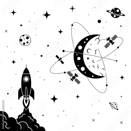 Black and white rocket ship blasting.