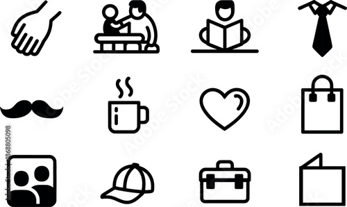 A collection of twelve black and white simple vector line art icons representing everyday objects and activities isolated on a transparent background