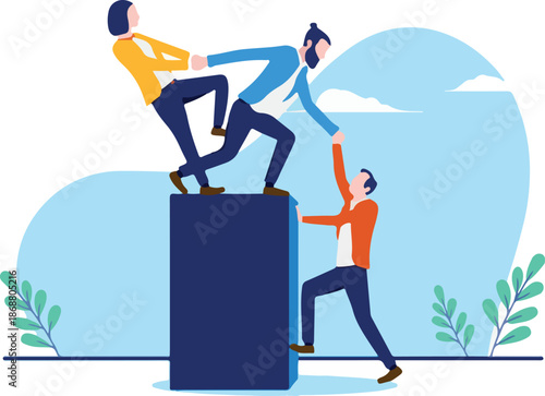  Teamwork - Businesspeople in casual clothes help and support each other to get on top of pole. Supporting business team concept, flat design vector illustration with white background