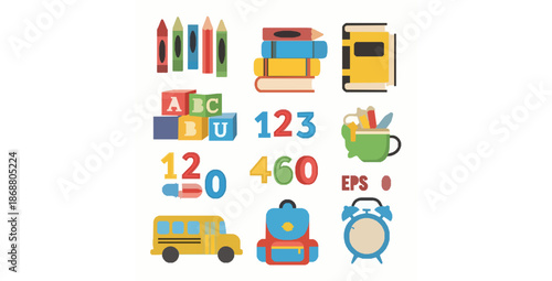 Kids school education clipart flat vector illustration colorful object set