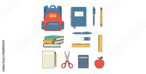 School supplies flat vector illustration set education objects isolated on white