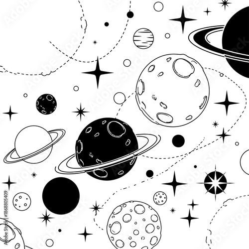 Black and white illustration planets space.
