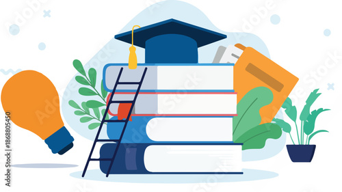School and education illustration - Decorative vector objects, books, graduation college hat and light bulbs on floor. Studying concept in flat design with white background
