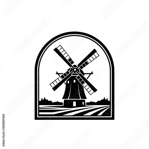 Black and white windmill graphic design.