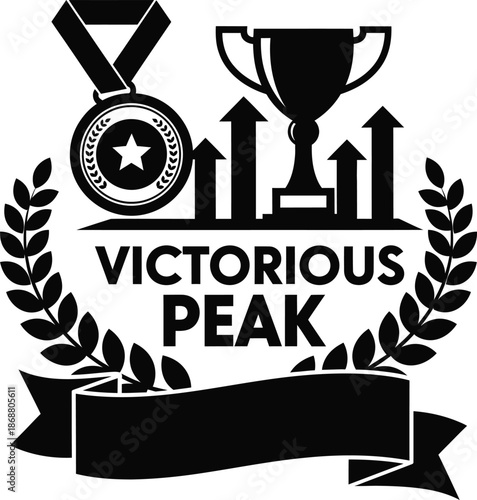 Victorious Peak Trophy Shield Mountain Vector Black Hand Drawn Typography Logo Emblem Badge Icon Silhouette Vintage Retro Graphic Success Achievement Power Top