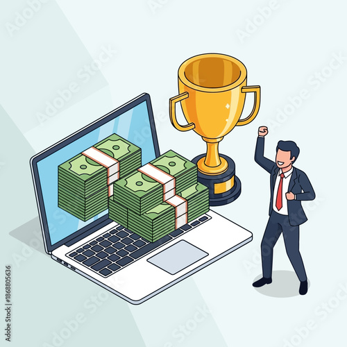 Businessman with laptop money trophy success.