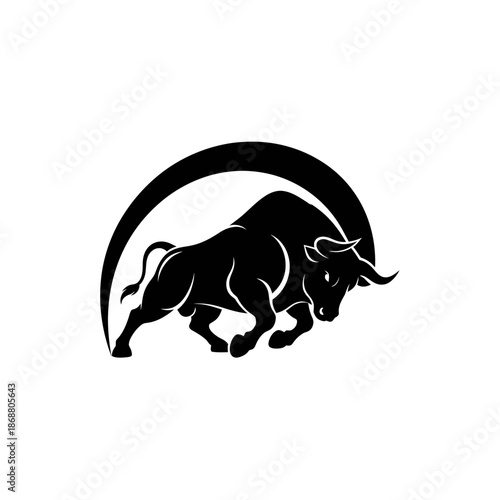Black bull with curved line logo.