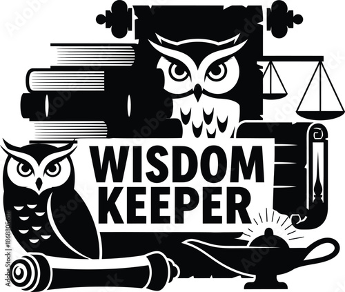 Wisdom Keeper Owl Book Laurel Wreath Vector Black Hand Drawn Typography Logo Emblem Badge Icon Silhouette Vintage Retro Graphic Knowledge Education